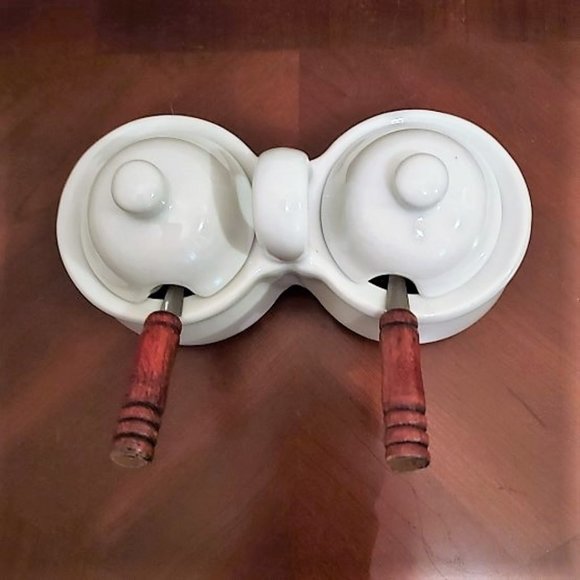 VINTAGE HH Houston Harvest White Porcelain Double Lidded Condiment Server - Picture 2 of 4